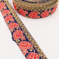 Thumbnail for Navy Blue Trim with Floral Embroidery Salmon Pink Embroidered Leaves Trim, Decorative Trim, Indian Border
