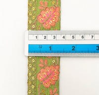 Thumbnail for Green Trim with Floral Embroidery Peach Embroidered Leaves Trim, Decorative Trim, Indian Border