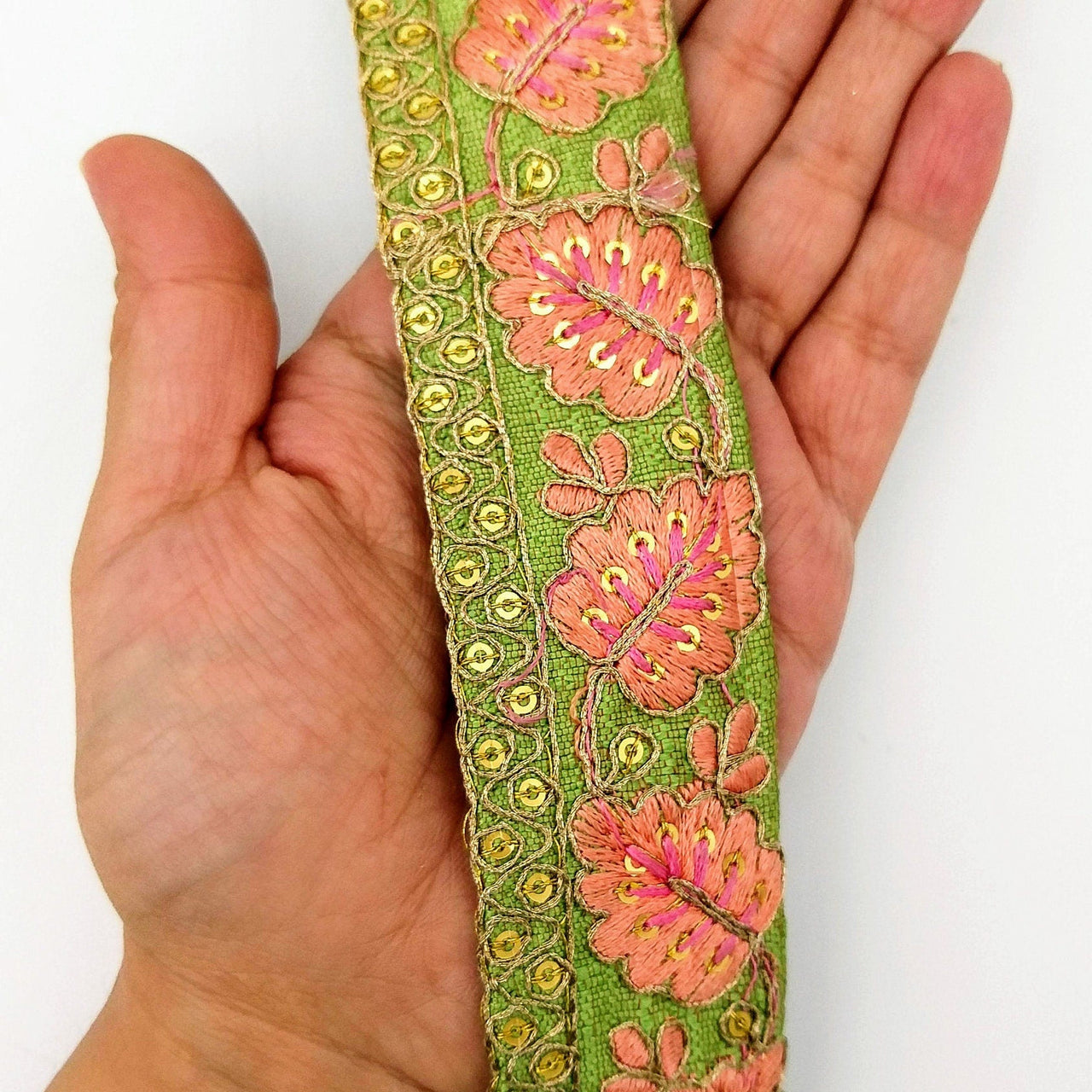 Green Trim with Floral Embroidery Peach Embroidered Leaves Trim, Decorative Trim, Indian Border