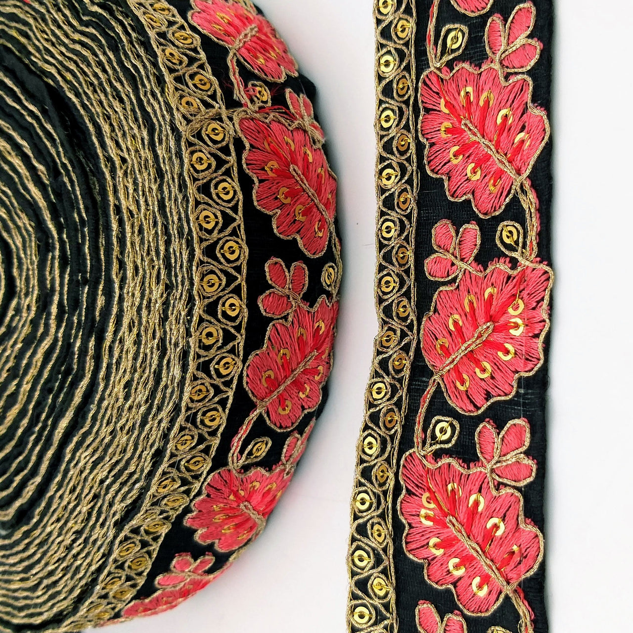 Black Trim with Floral Embroidery Salmon Pink Embroidered Leaves Trim, Decorative Trim, Indian Border