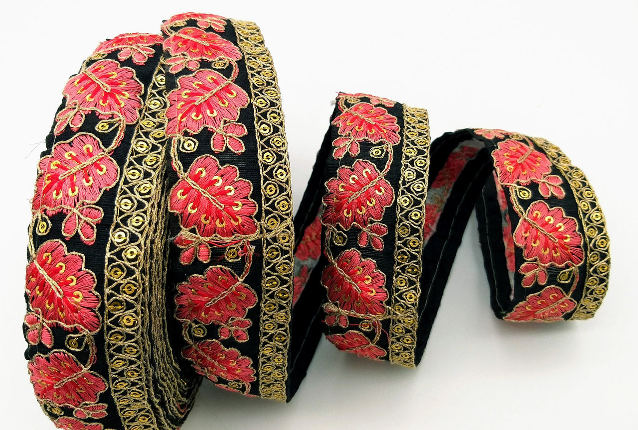Black Trim with Floral Embroidery Salmon Pink Embroidered Leaves Trim, Decorative Trim, Indian Border