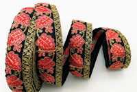 Thumbnail for Black Trim with Floral Embroidery Salmon Pink Embroidered Leaves Trim, Decorative Trim, Indian Border