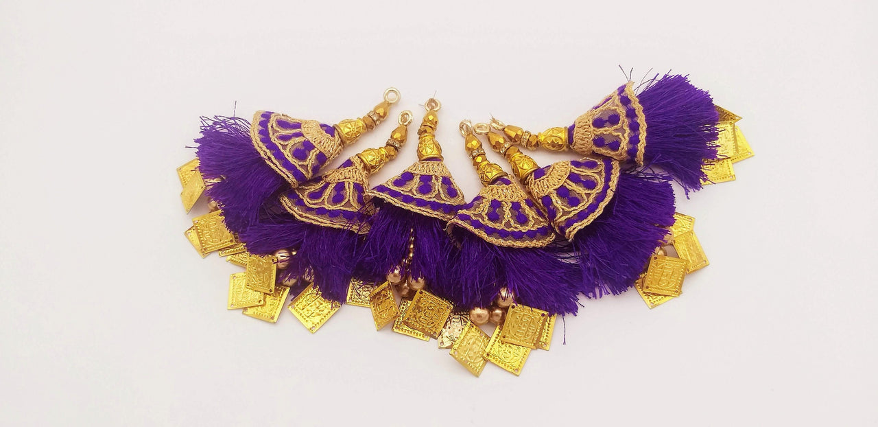 Violet Tassels With Gold Beads, Beaded Tassels With Violet and Gold Embroidery, Traditional Indian Latkan