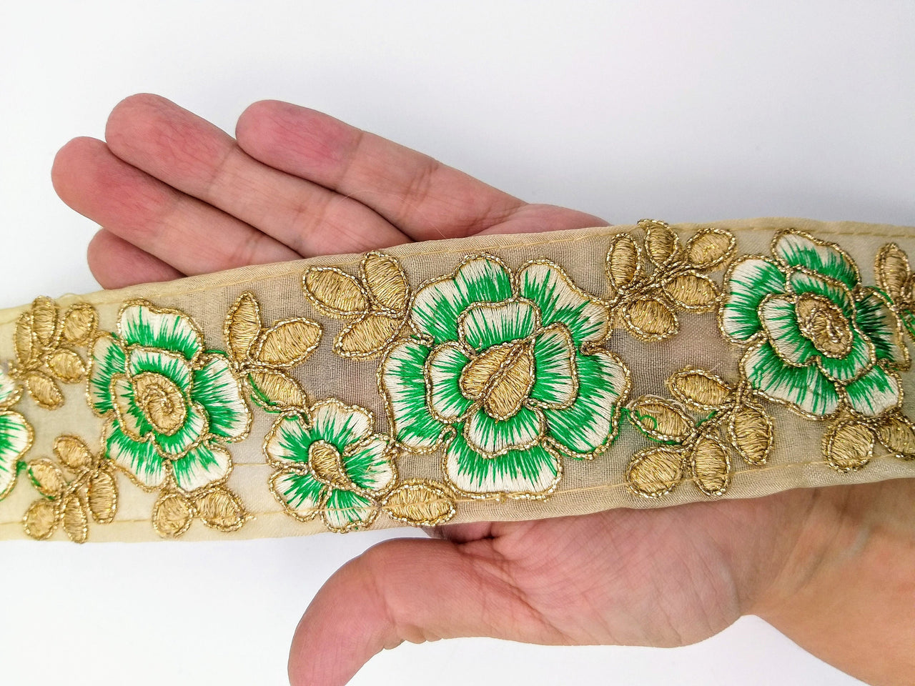 Green and Gold Floral Embroidery Trimming, Embroidered Roses Flowers Trim, Sheer Fabric Lace