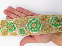 Thumbnail for Green and Gold Floral Embroidery Trimming, Embroidered Roses Flowers Trim, Sheer Fabric Lace
