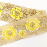 Thumbnail for Yellow and Gold Floral Embroidery Trimming, Embroidered Roses Flowers Trim, Sheer Fabric Lace