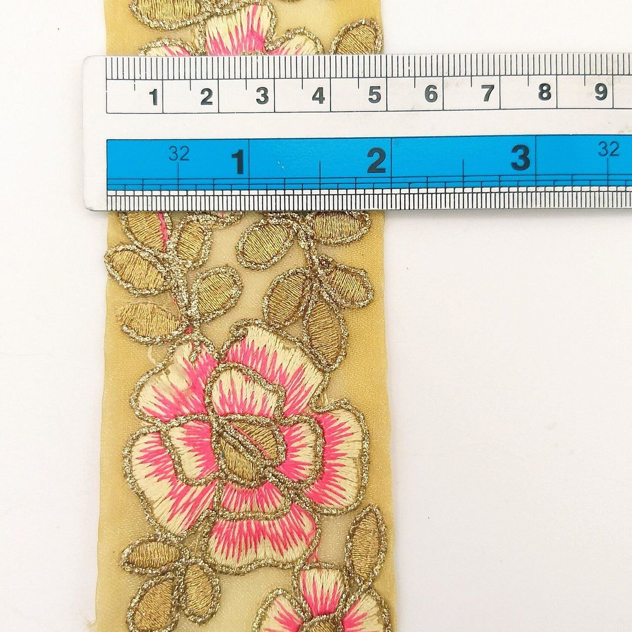 Pink and Gold Floral Embroidery Trimming, Embroidered Roses Flowers Trim, Sheer Fabric Lace