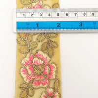 Thumbnail for Pink and Gold Floral Embroidery Trimming, Embroidered Roses Flowers Trim, Sheer Fabric Lace