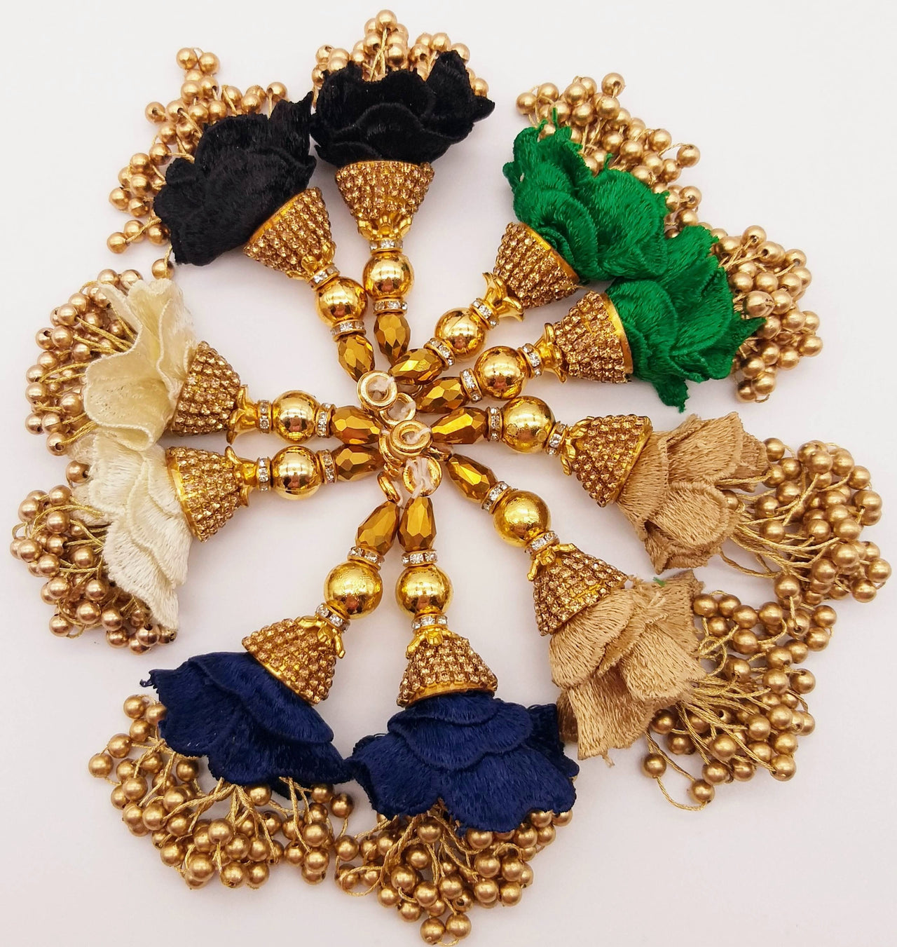 Black Art Silk Fabric Tassel With Antique Gold Embroidery & Beads, Wedding Lehenga, Dress Blouses