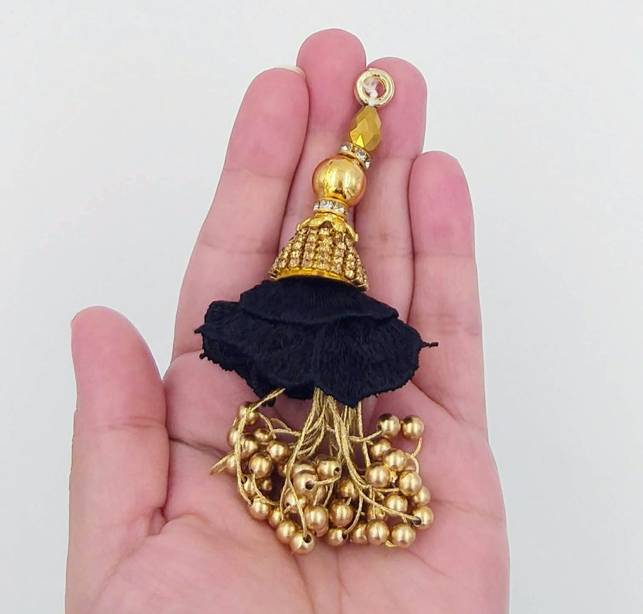 Black Art Silk Fabric Tassel With Antique Gold Embroidery & Beads, Wedding Lehenga, Dress Blouses