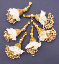 Thumbnail for Off White Art Silk Fabric Tassel With Antique Gold Embroidery & Beads, Indian Embellishment