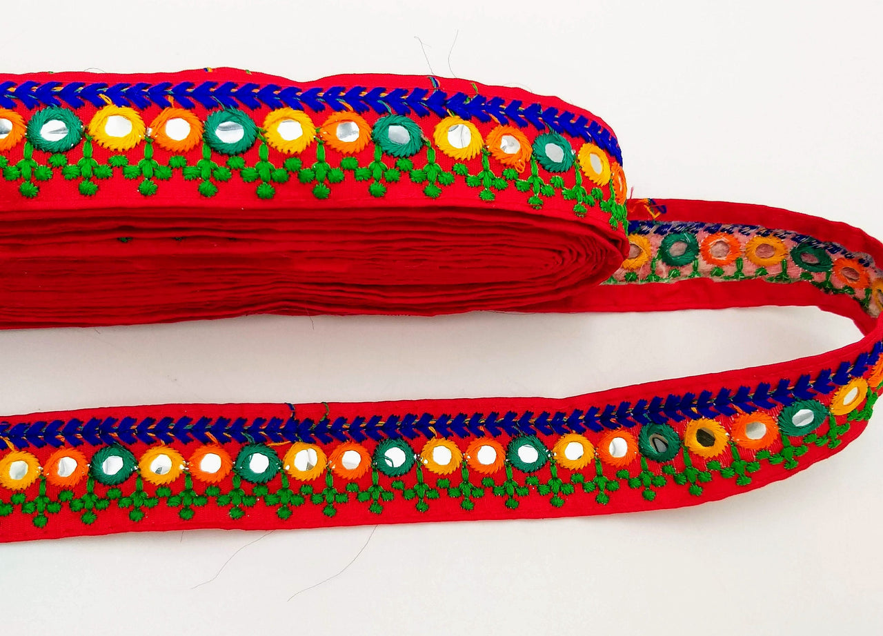 Red Indian Mirror Trim Kutch Embroidered Navratri Garba Dress Trim Bridal Lace, Sari Border 35 mm Wide Trim Per 3 Yards