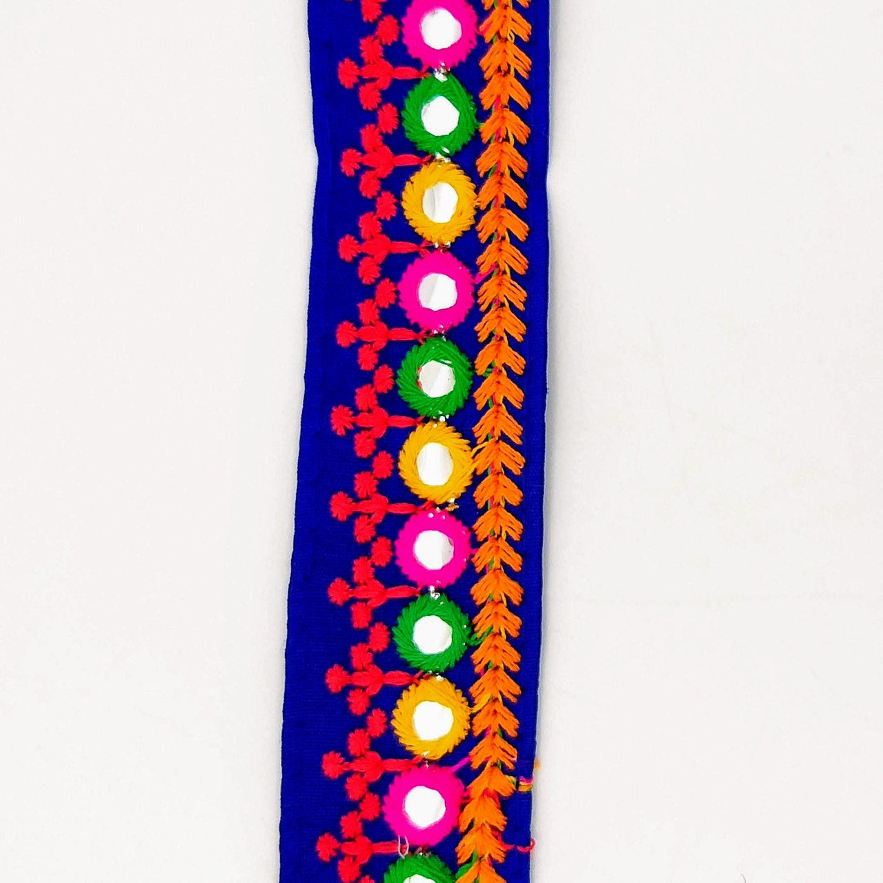 Royal Blue Indian Mirror Trim Kutch Embroidered Navratri Garba Dress Trim Bridal Lace, Sari Border 35 mm Wide Trim Per 3 Yards