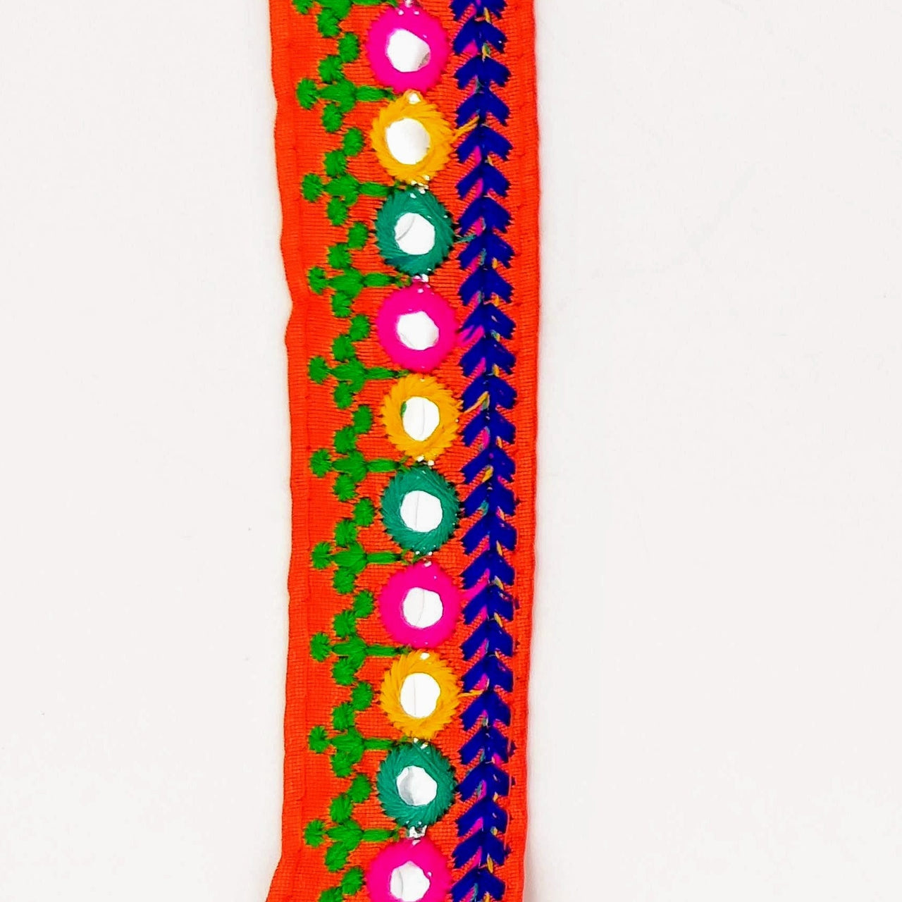 Orange Indian Mirror Trim Kutch Embroidered Navratri Garba Dress Trim Bridal Lace, Sari Border 35 mm Wide Trim Per 3 Yards