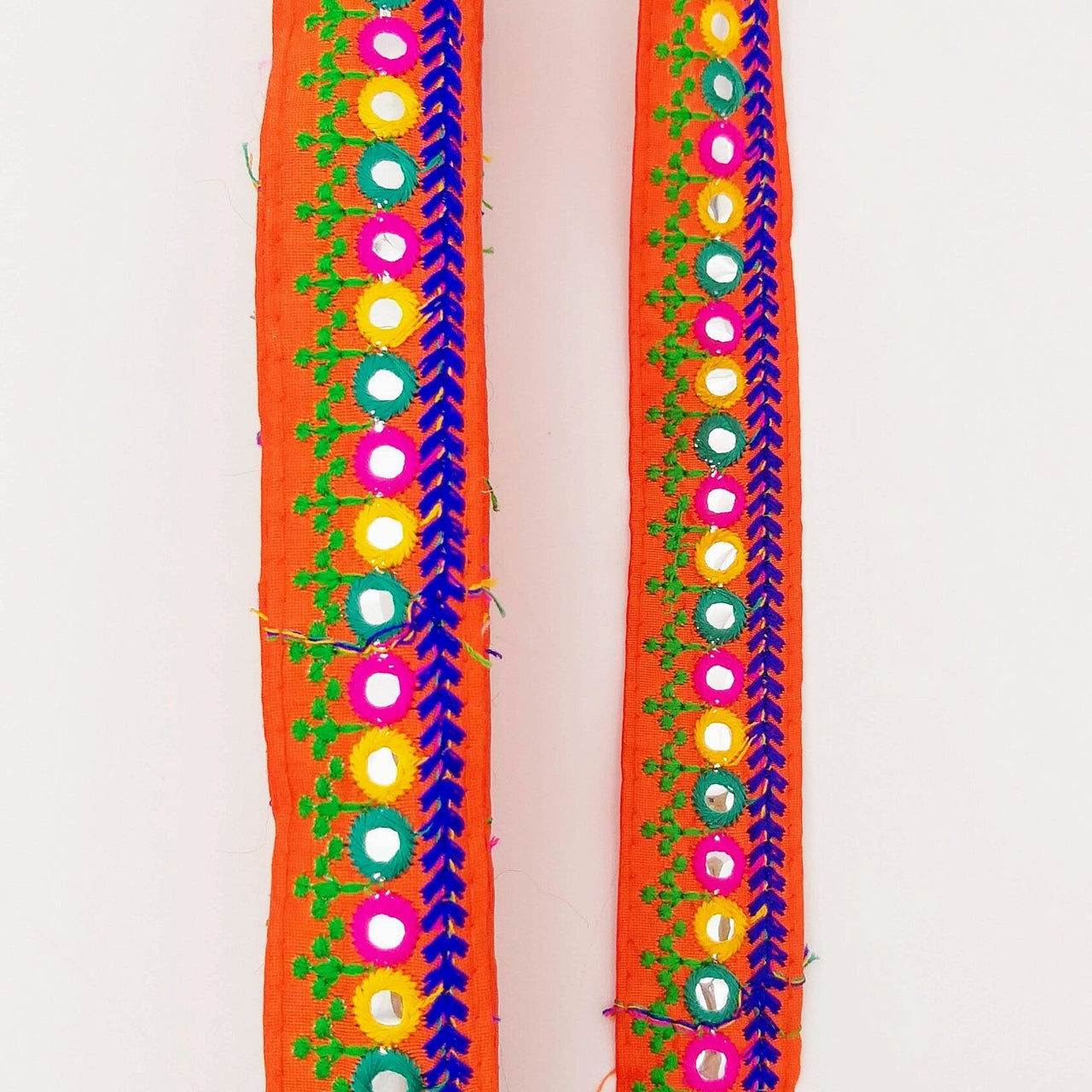 Orange Indian Mirror Trim Kutch Embroidered Navratri Garba Dress Trim Bridal Lace, Sari Border 35 mm Wide Trim Per 3 Yards