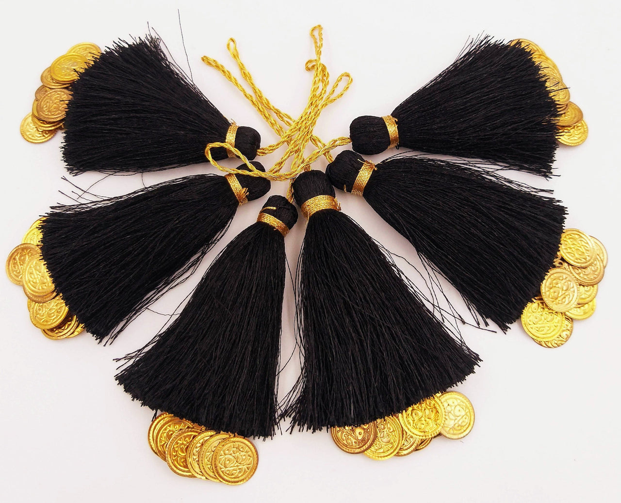 Black Tassels Latkan With Metal Coins, Black Handmade Sewing Latkans, Black And Gold Latkan