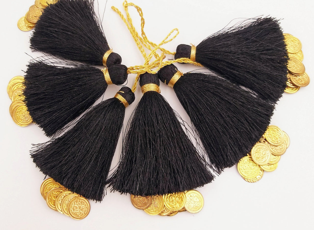 Black Tassels Latkan With Metal Coins, Black Handmade Sewing Latkans, Black And Gold Latkan