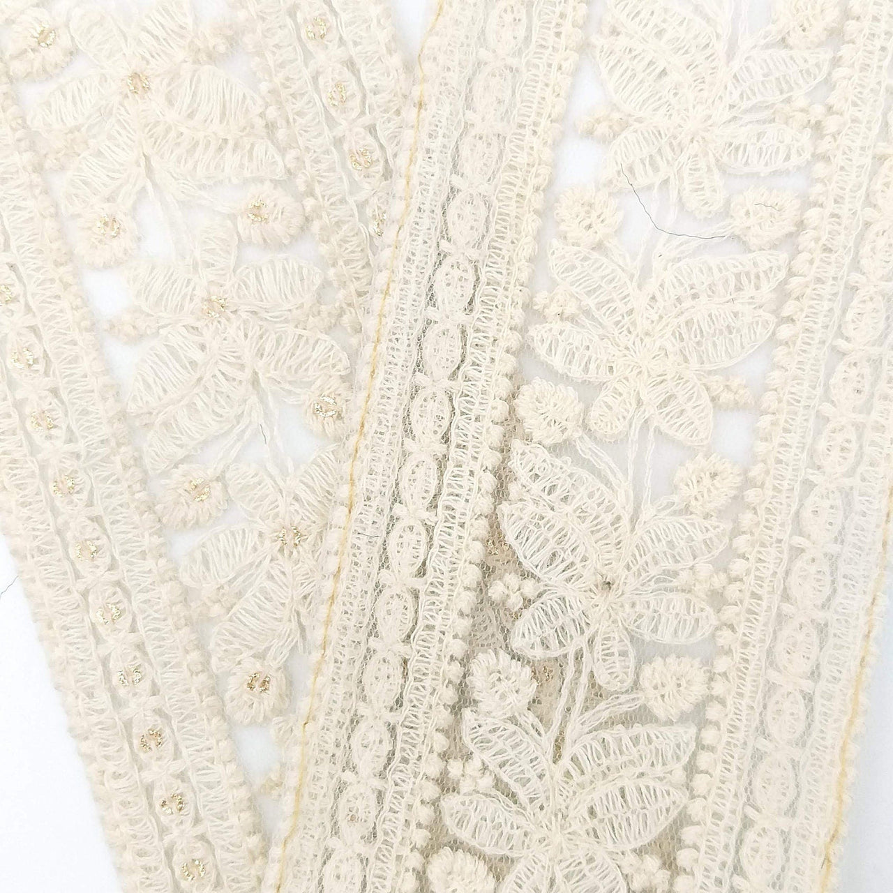 White Soft Net Lace Trim With Floral Embroidery And Gold Sequins, Sequinned Trim, Wedding Trim Bridal Trim