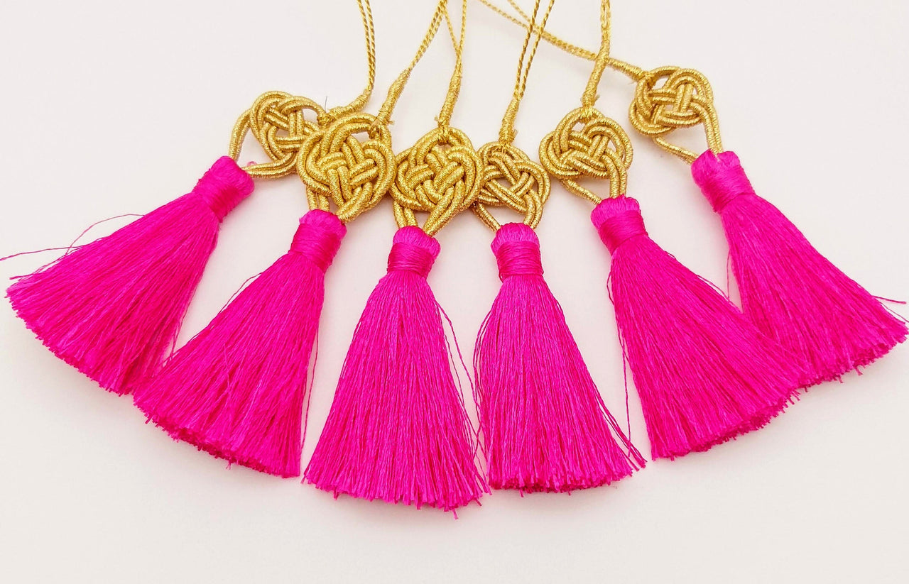 Fuchsia Pink Tassels Artificial Silk Tassel, Gold Celtic Knot Tassels, Earring Tassel