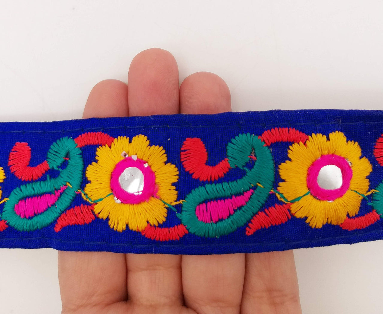 Royal Blue Floral Mirrored Trim With Yellow Flowers And Green Paisley Embroidery, Decorative Trimming, Trim By 3 Yards
