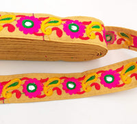 Thumbnail for Beige Floral Mirrored Trim With Fuchsia Pink Flowers And Yellow Paisley Embroidery, Decorative Trimming, Trim By 3 Yards