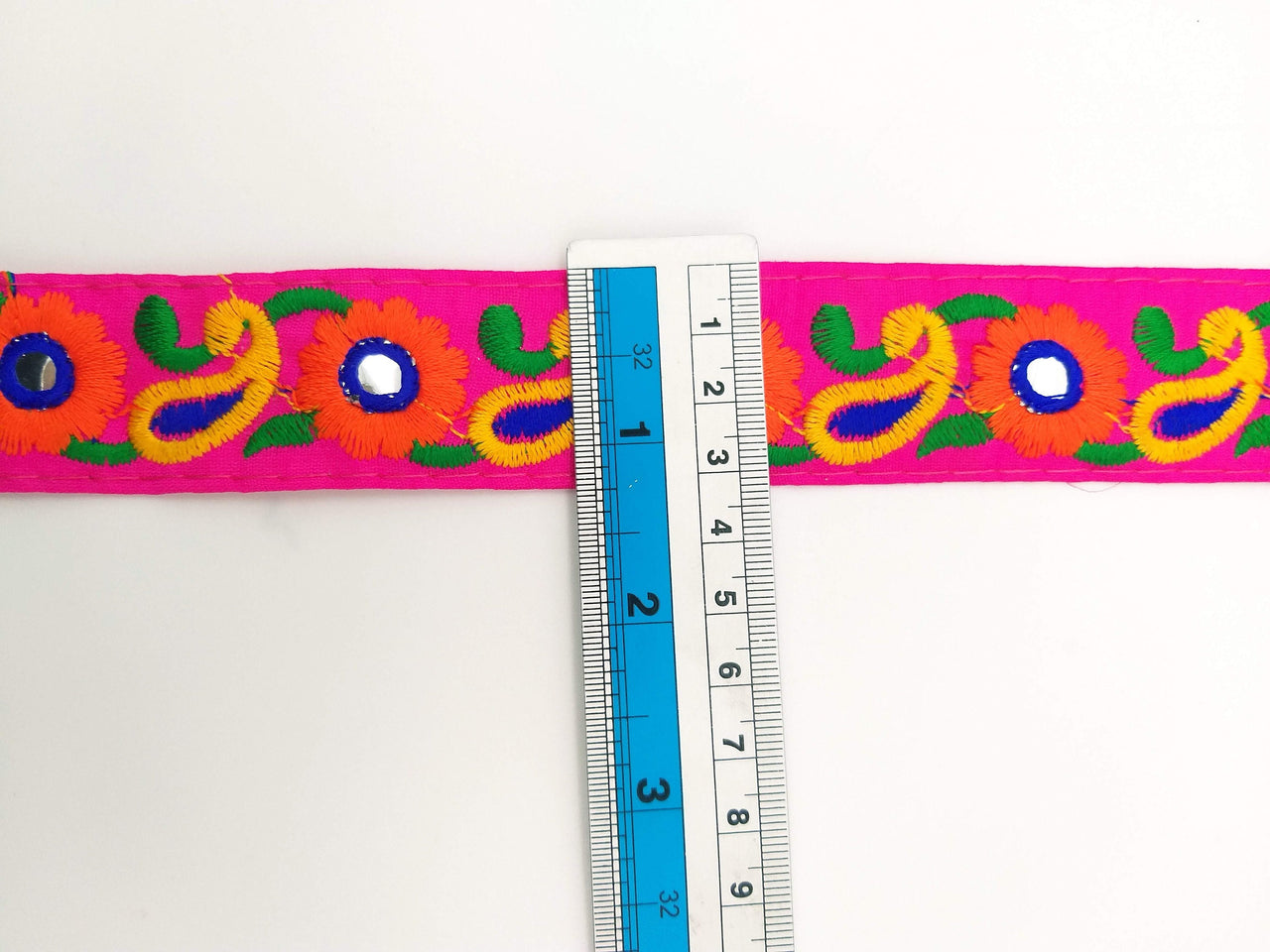 Fuchsia Pink Floral Mirrored Trim With Orange Flowers And Yellow Paisley Embroidery, Decorative Trimming, Trim By 3 Yards