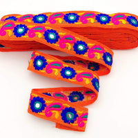 Thumbnail for Orange Floral Mirrored Trim With Royal Blue Flowers And Fuchsia Pink Paisley Embroidery, Decorative Trimming, Trim By 3 Yards