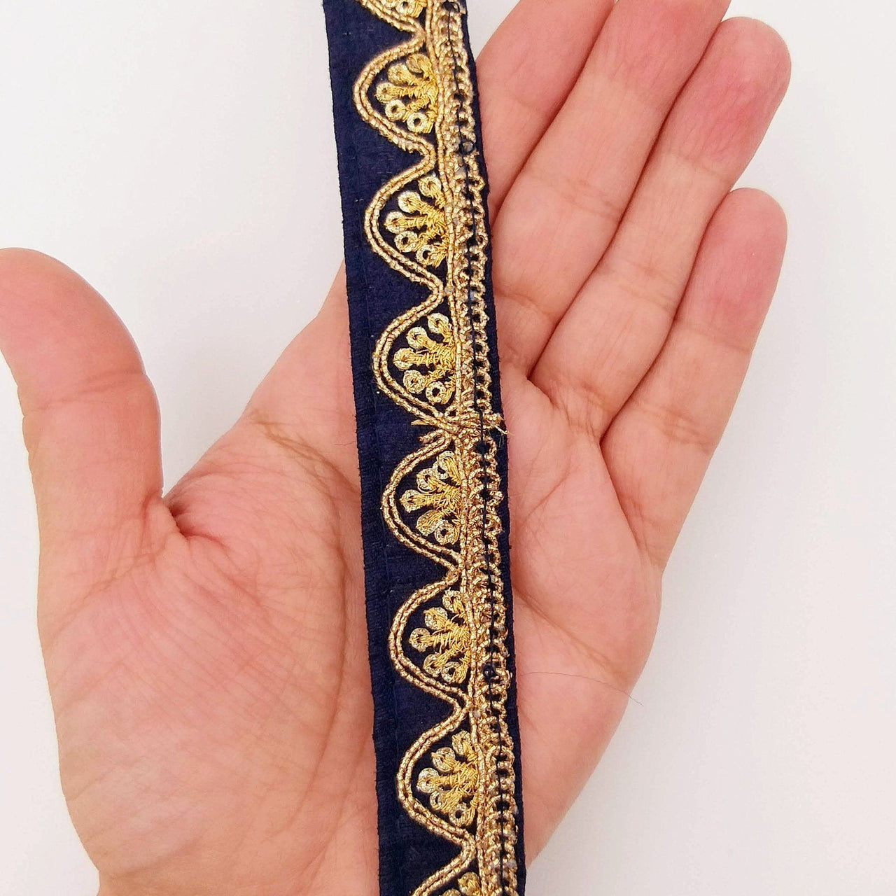 Navy Blue Art Silk Trim with Gold Embroidery and Sequins Indian Sari Border Trim By 3 Yards Decorative Trim Craft Lace
