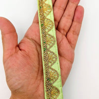 Thumbnail for Pastel Green Art Silk Trim with Gold Embroidery and Sequins Indian Sari Border Trim By 3 Yards Decorative Trim Craft Lace