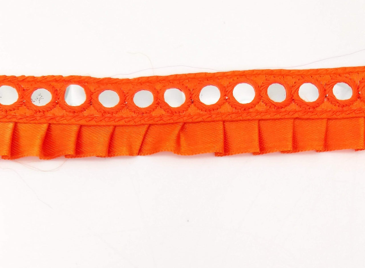 Orange Satin Pleated Lace Trim, Mirrored Fringe Trimming, Approx. 30mm wide