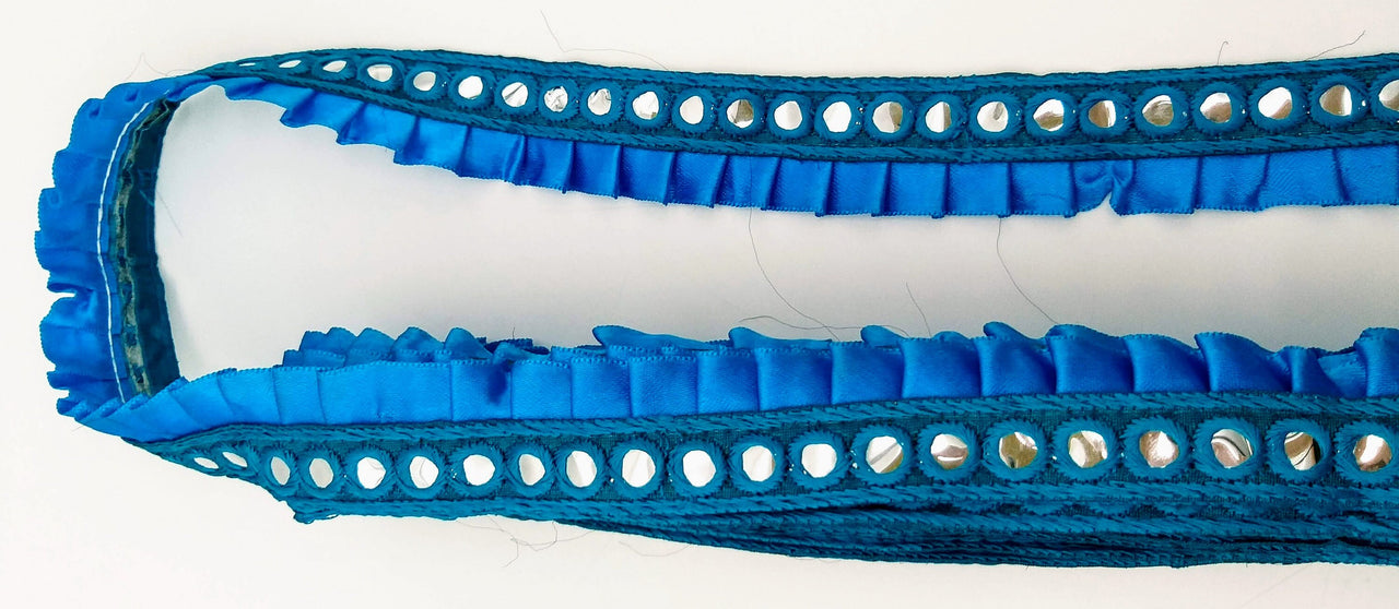Blue Satin Pleated Lace Trim, Mirrored Fringe Trimming, Approx. 30mm wide
