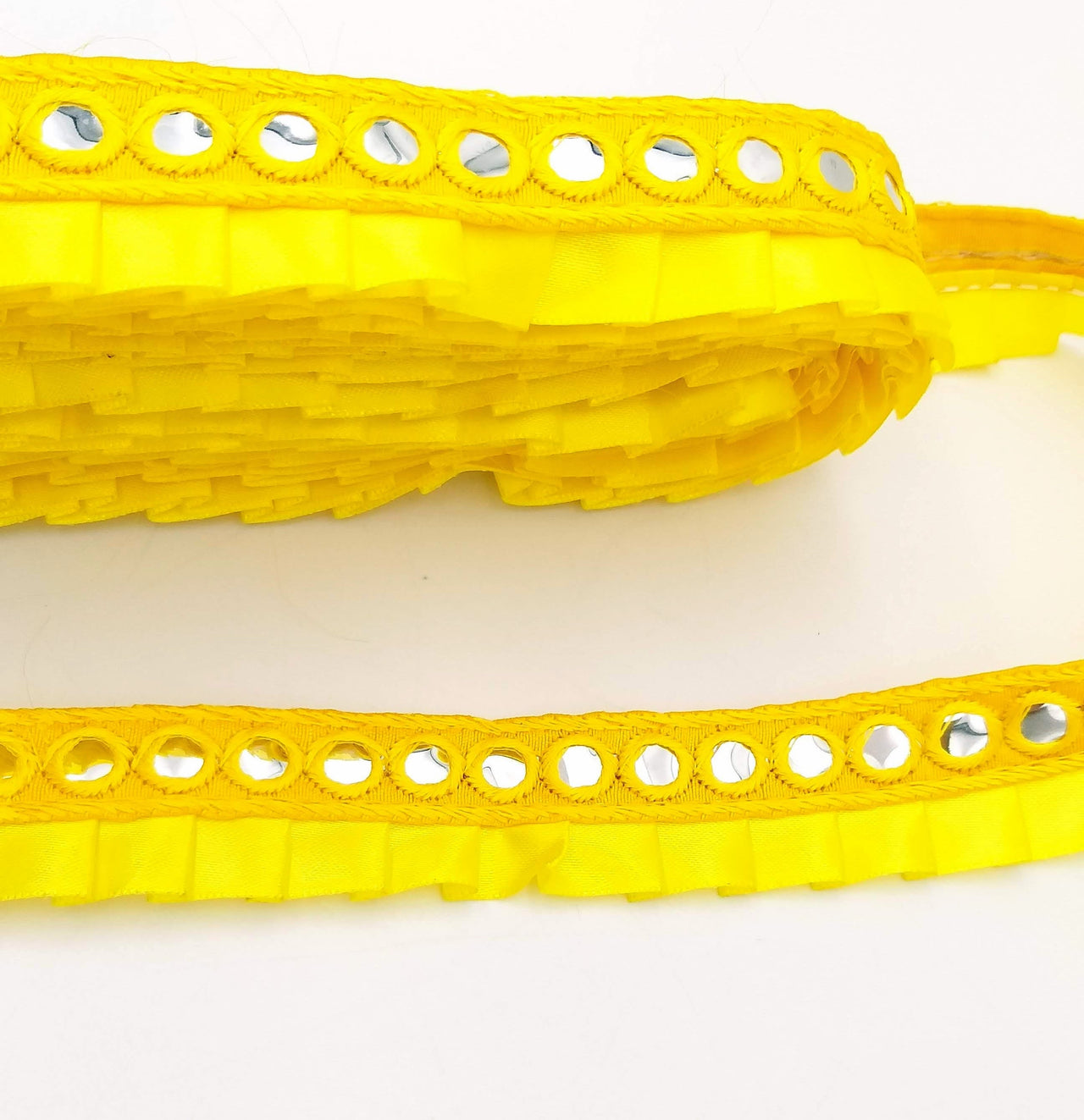 Yellow Satin Pleated Lace Trim, Mirrored Fringe Trimming, Approx. 30mm wide