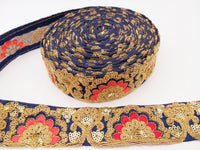 Thumbnail for Navy Blue Art Silk Trim With Intricate Floral Embroidery With Sequins, Lace Trim, Indian Lace Trim