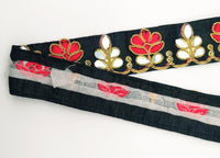 Thumbnail for Black Silk Trim With Mirrors Embellishments and Gold Embroidery, Approx. 38mm Wide, Decorative Trim Costume Trim Floral Trim By Yard