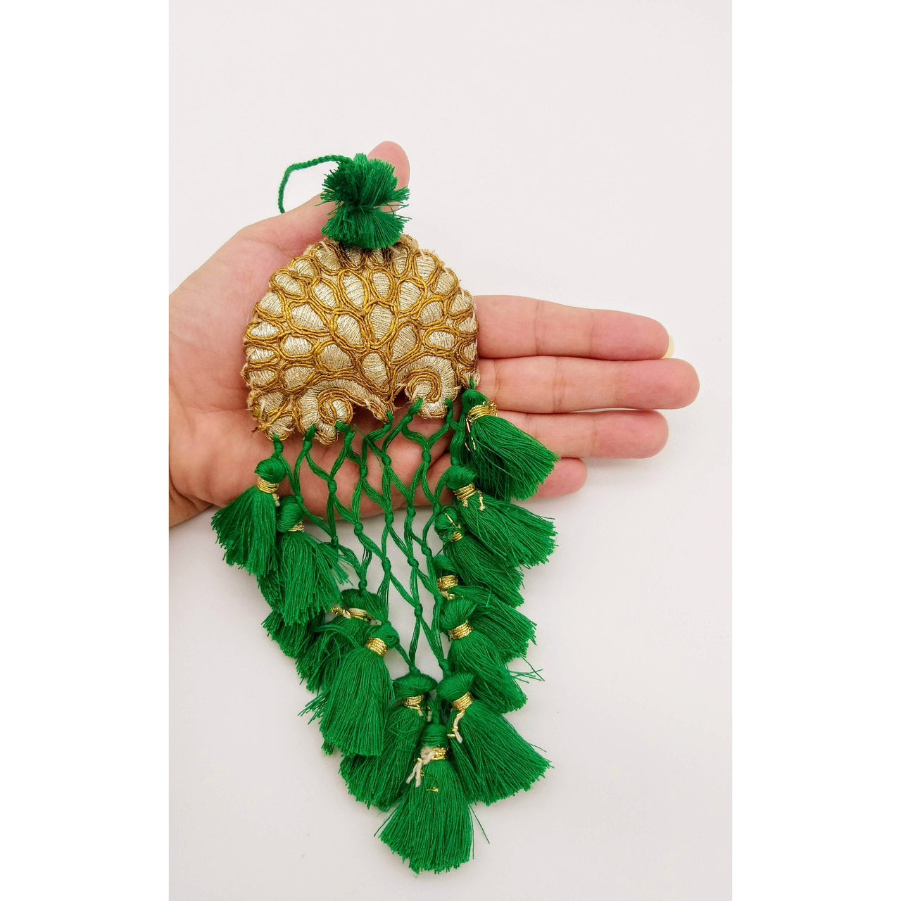 Gold Hand Embroidered Green Tassels Latkans, Indian Tassels, Boho Chic Tassels