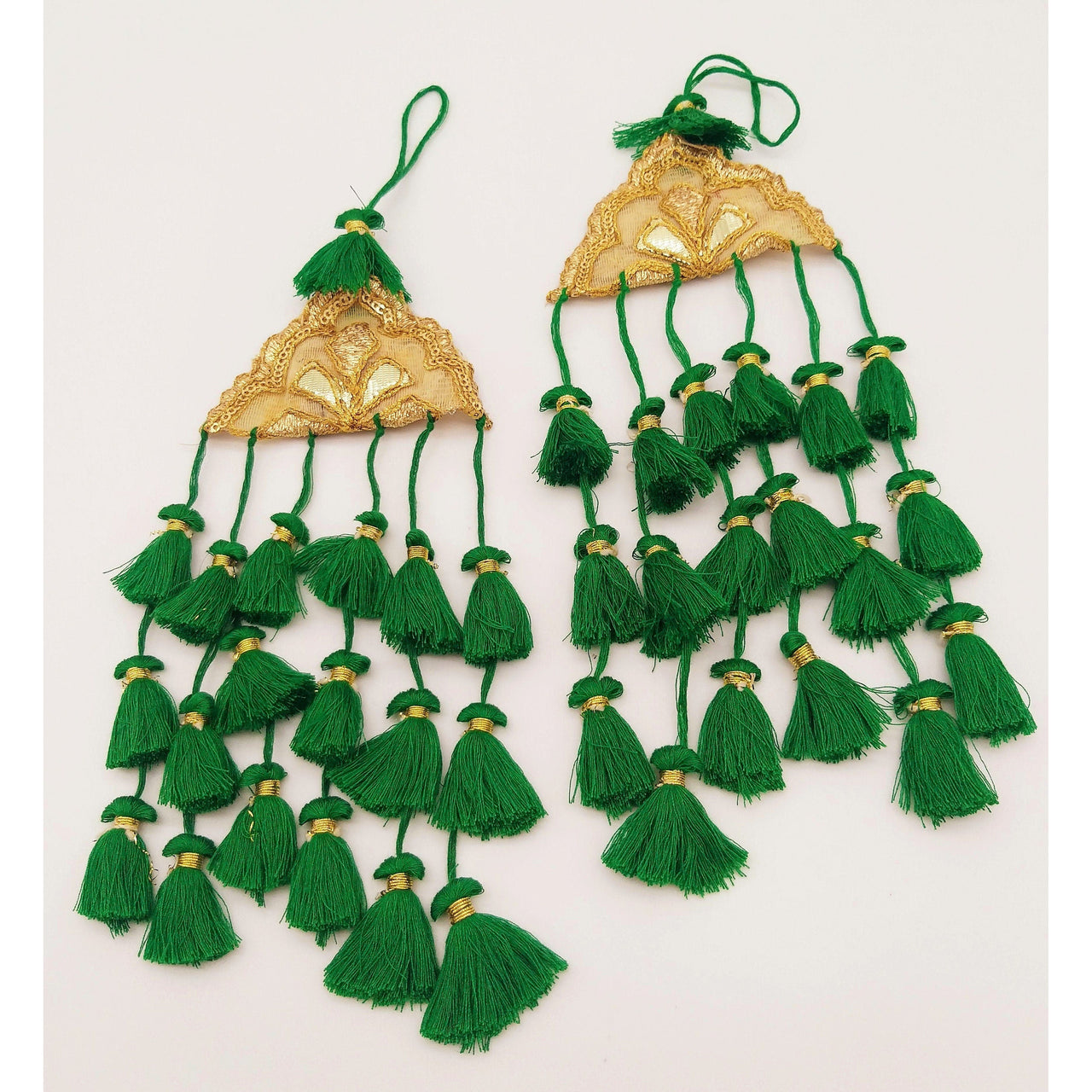 Gold Hand Embroidered Green Tassels Latkans, Tiered Tassels, Boho Chic Tassels