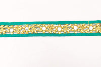 Thumbnail for Dark Green Satin Ribbon Floral Cutwork Lace Trim Embellished with Real Mirrors and Kundan Beads, Decorative Trim, Trim By 3 Yards