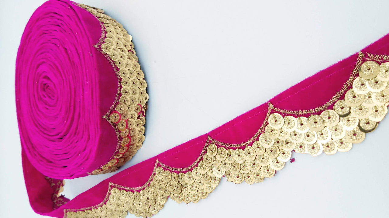 Fuchsia Pink Velvet Fabric Trim With Gold Embroidery Sequins, Approx 40mm Wide, Trim By Yard