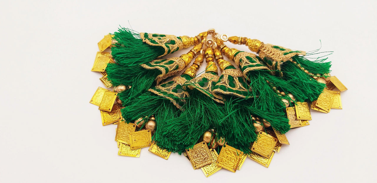 Green Tassels With Gold Beads, Beaded Tassels With Green and Gold Embroidery, Traditional Indian Latkan