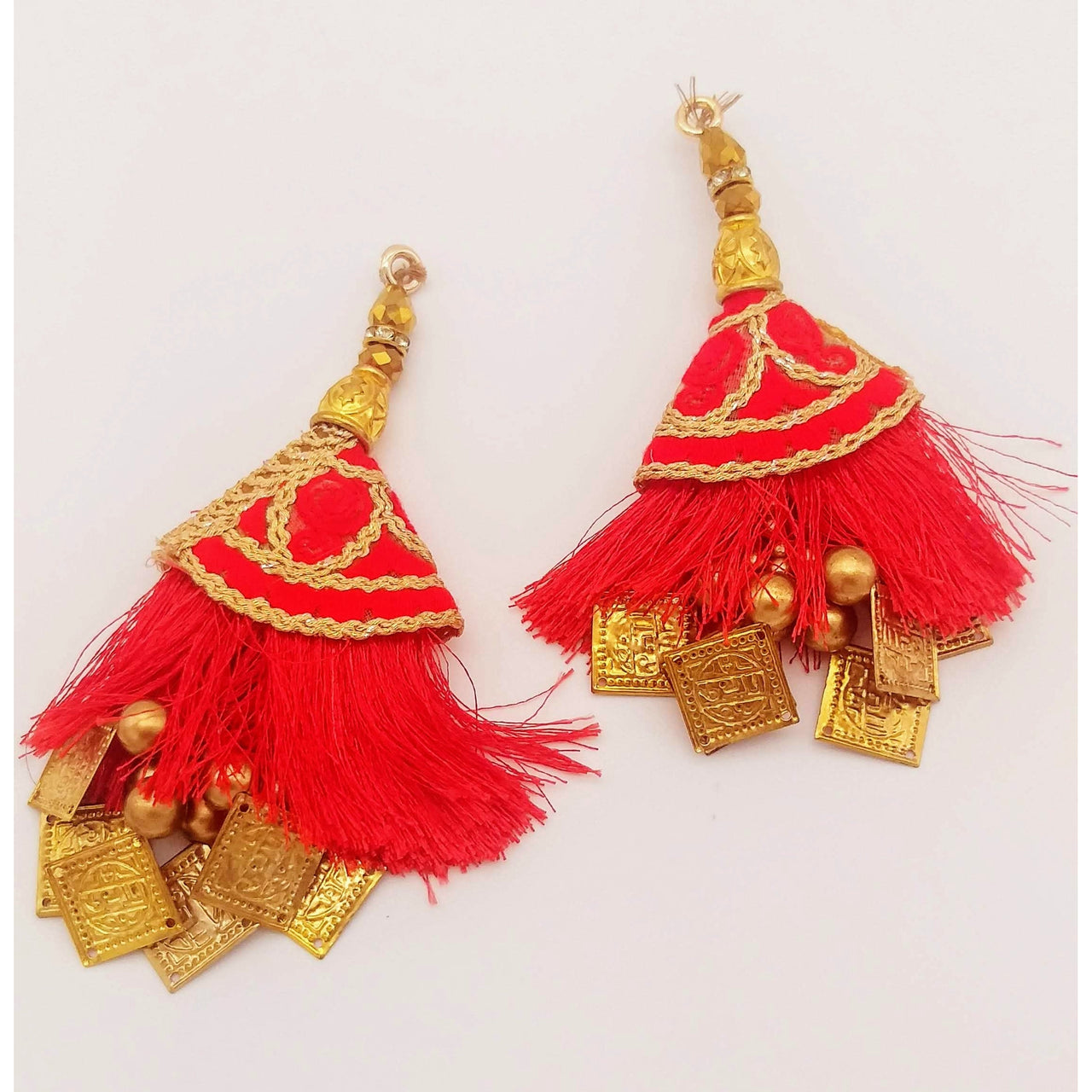 Red Tassels With Gold Beads, Beaded Tassels With Red and Gold Embroidery, Traditional Indian Latkan