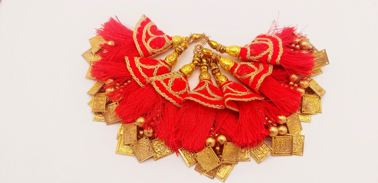 Red Tassels With Gold Beads, Beaded Tassels With Red and Gold Embroidery, Traditional Indian Latkan