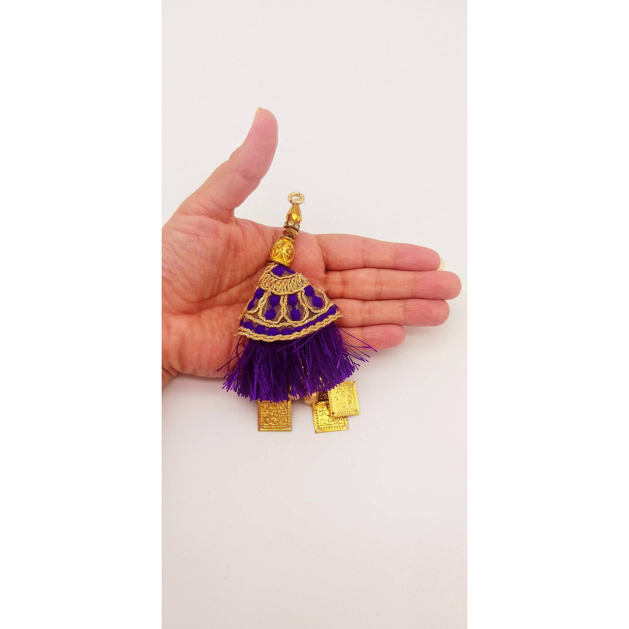 Violet Tassels With Gold Beads, Beaded Tassels With Violet and Gold Embroidery, Traditional Indian Latkan