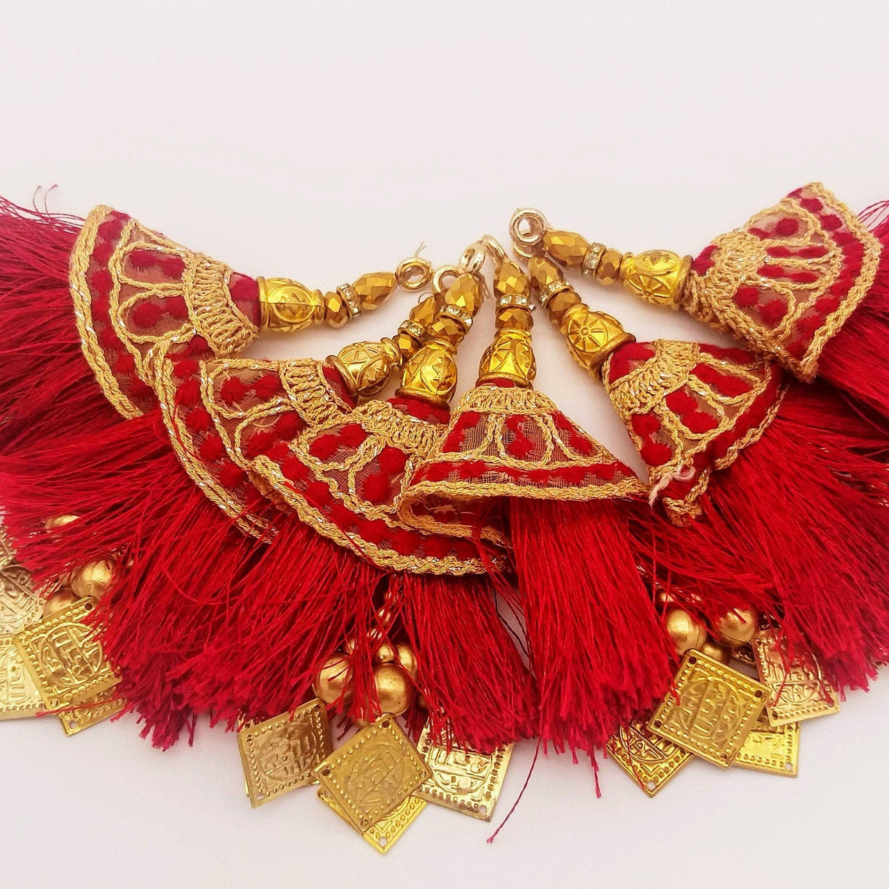 Maroon Tassels With Gold Beads, Beaded Tassels With Maroon and Gold Embroidery, Traditional Indian Latkan
