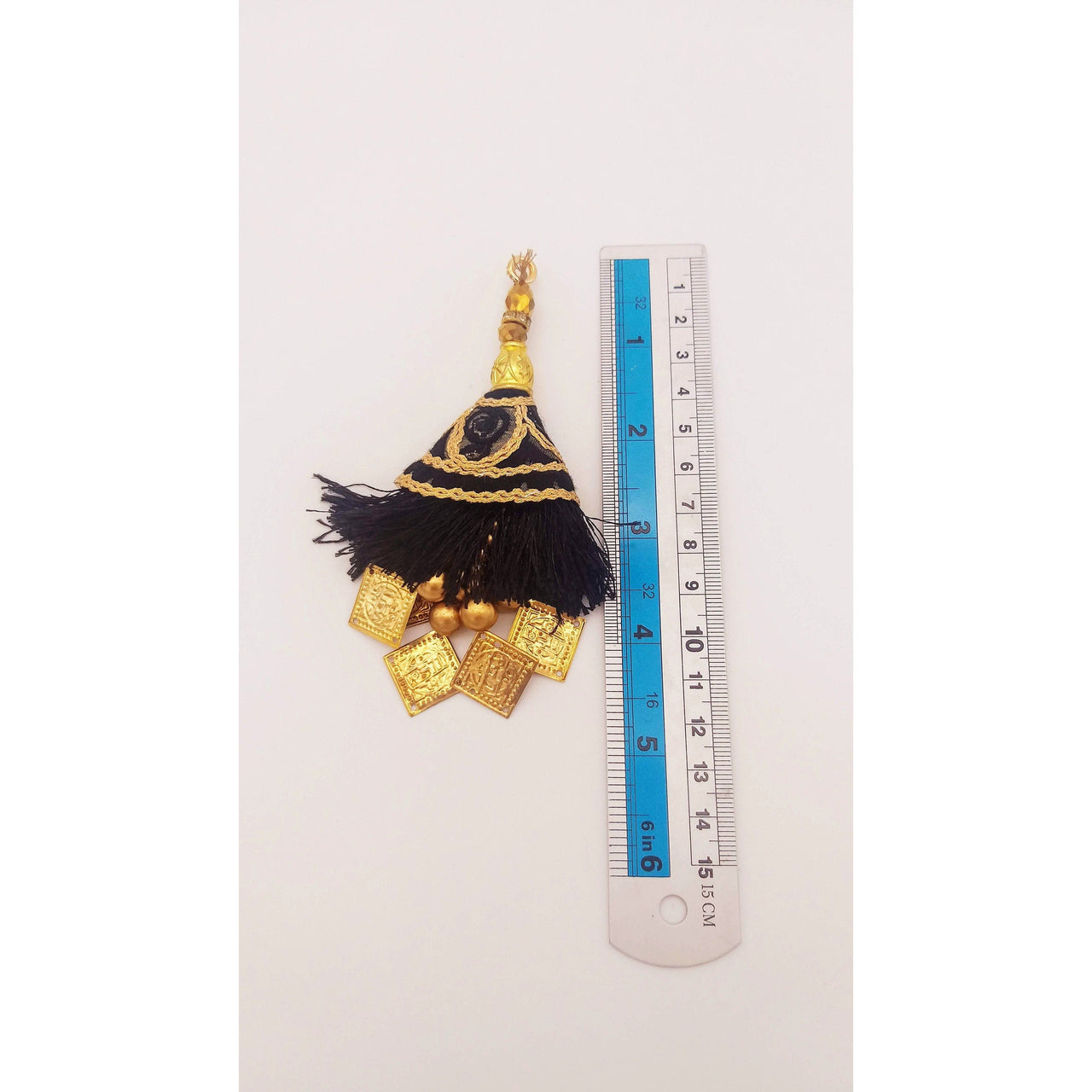 Black Tassels With Gold Beads, Beaded Tassels With Black and Gold Embroidery, Traditional Indian Latkan
