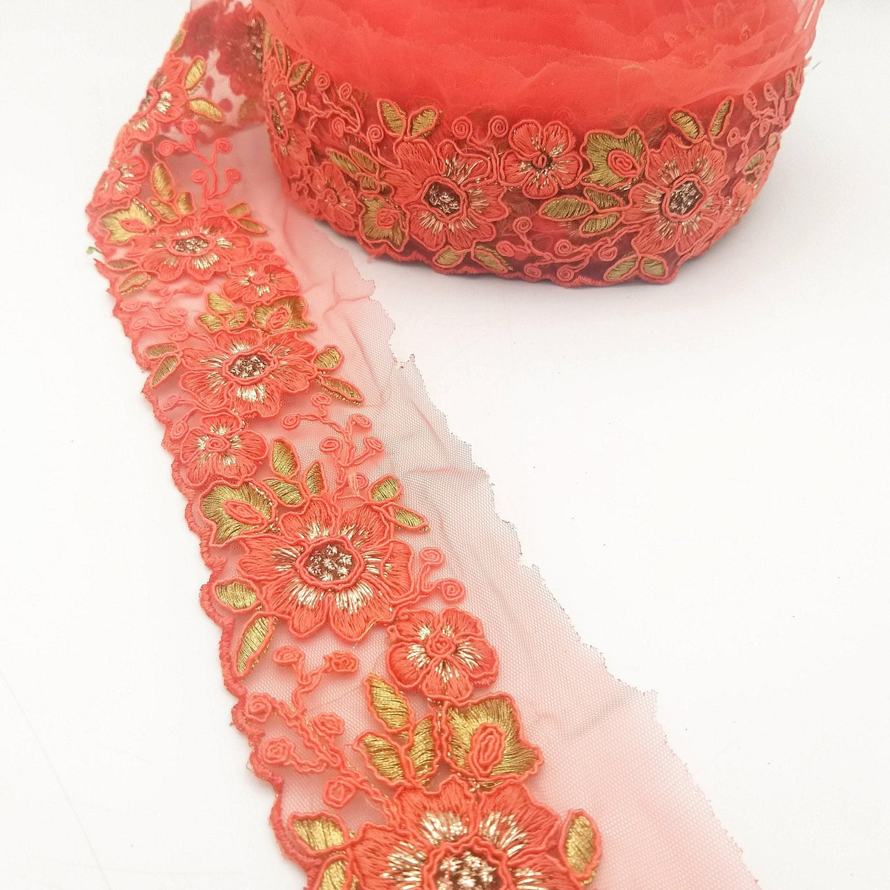 Flamingo Orange Net Fabric Lace Trim with Floral Embroidery in Orange and Gold, Lace Trim, Sari Border