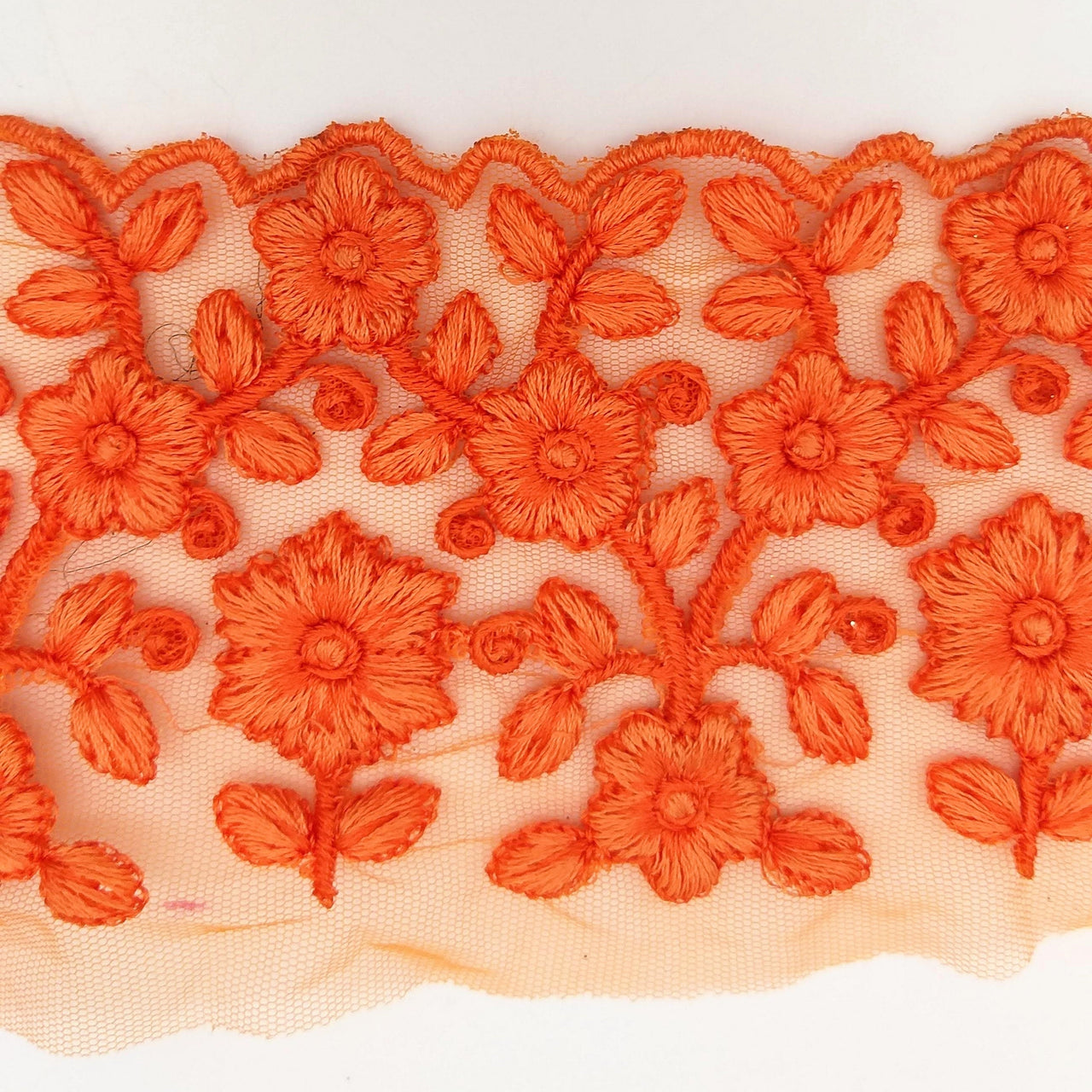 Orange Net Fabric Lace Trim with Floral Embroidery in Orange, Lace Trim, Sari Border