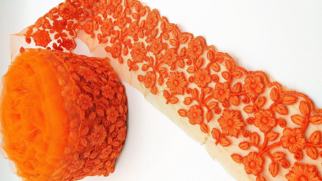 Orange Net Fabric Lace Trim with Floral Embroidery in Orange, Lace Trim, Sari Border