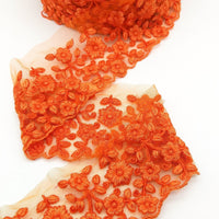 Thumbnail for Orange Net Fabric Lace Trim with Floral Embroidery in Orange, Lace Trim, Sari Border