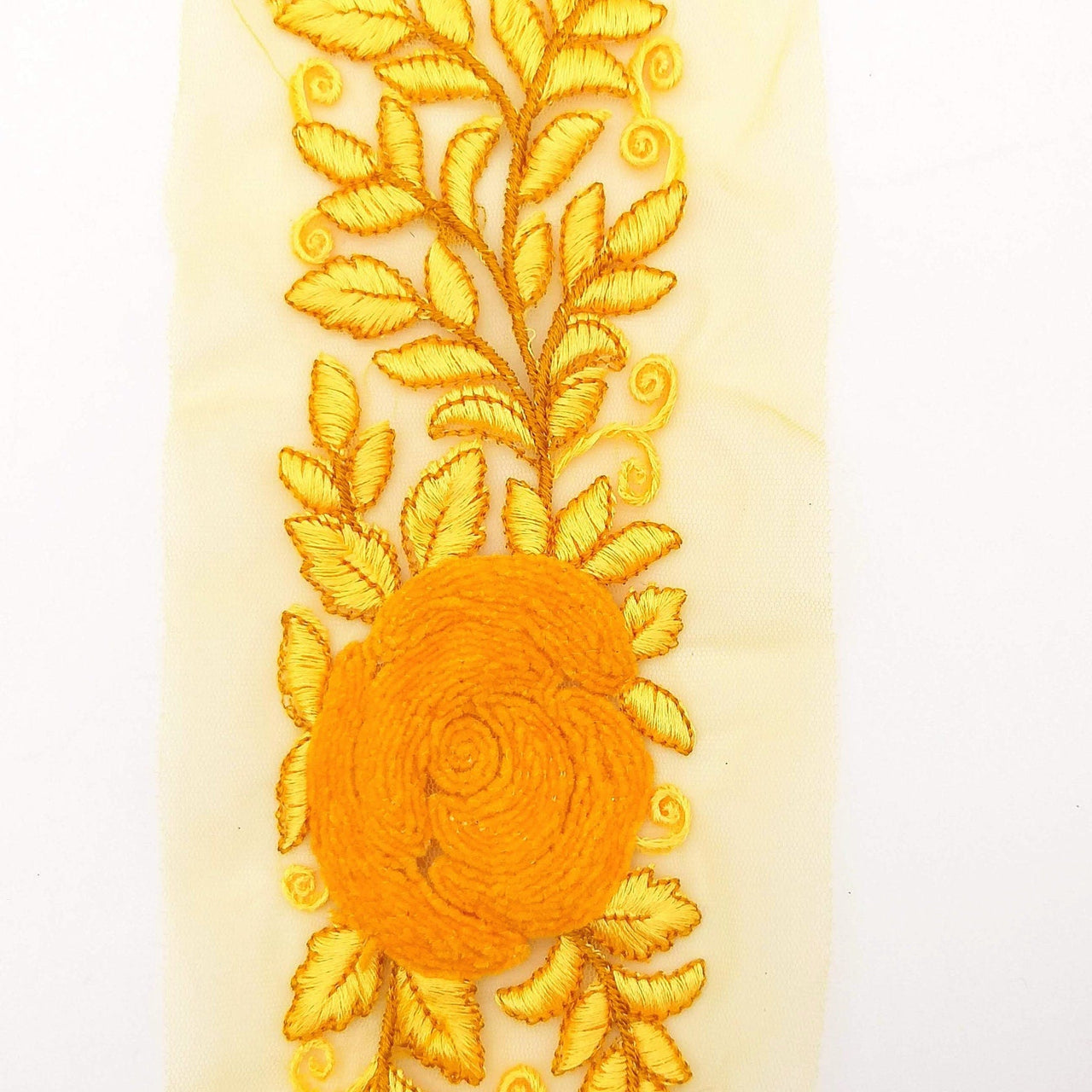Orange Yellow Soft Net Fabric Lace Trim with Floral Embroidery, Lace Trim, Sari Border