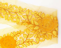 Thumbnail for Orange Yellow Soft Net Fabric Lace Trim with Floral Embroidery, Lace Trim, Sari Border